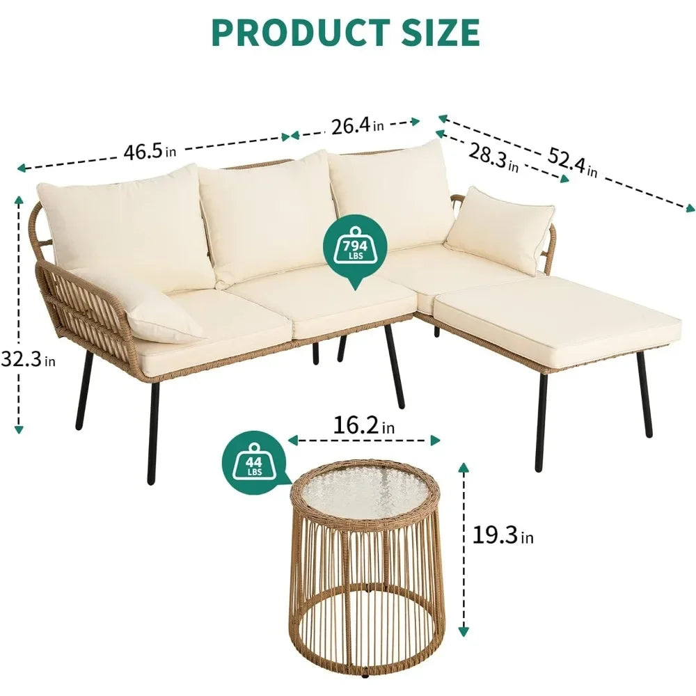 3 Piece Outdoor Wicker Conversation Sectional L-Shaped Sofa