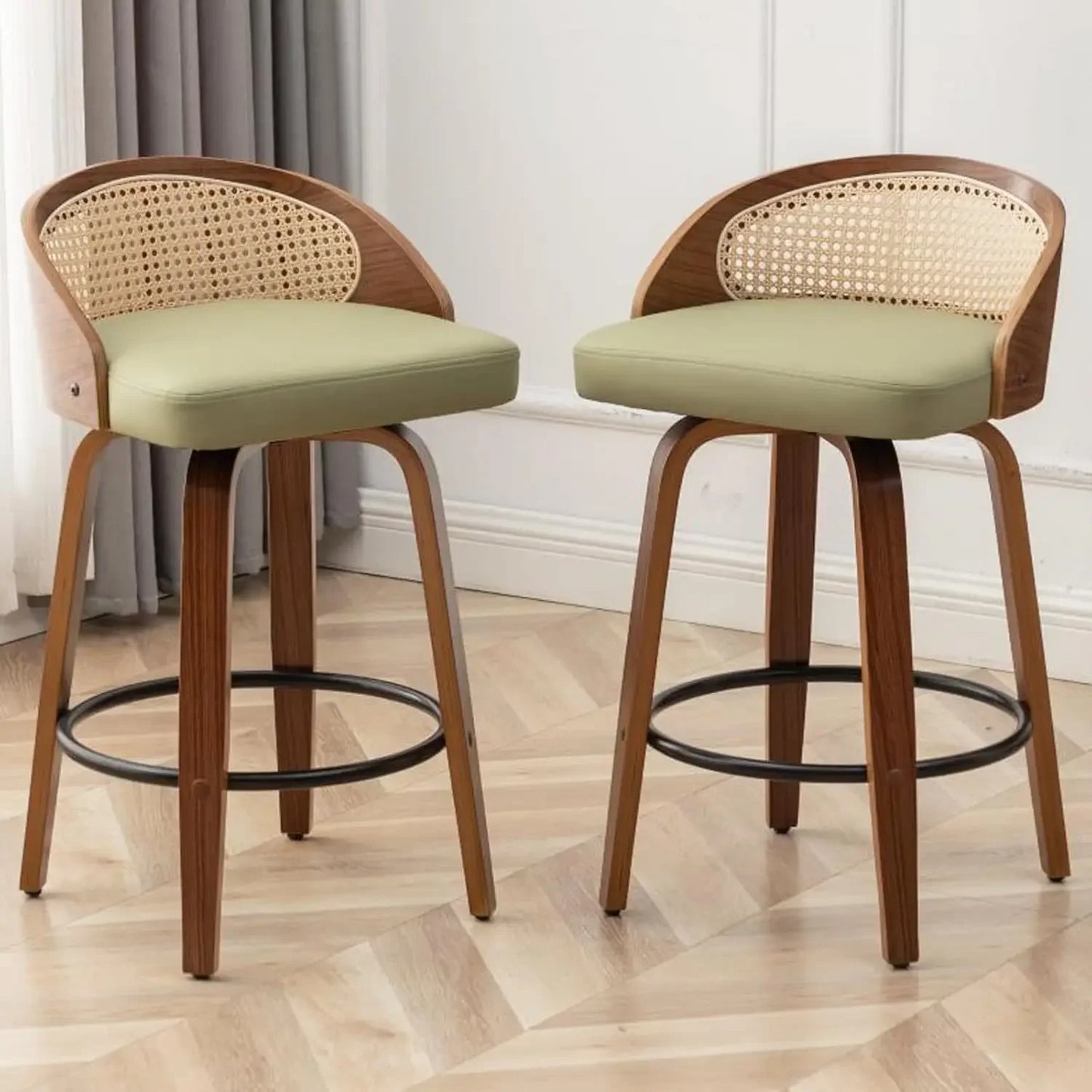 Mid-Century Swivel Rattan Bar Stools Set of 2
