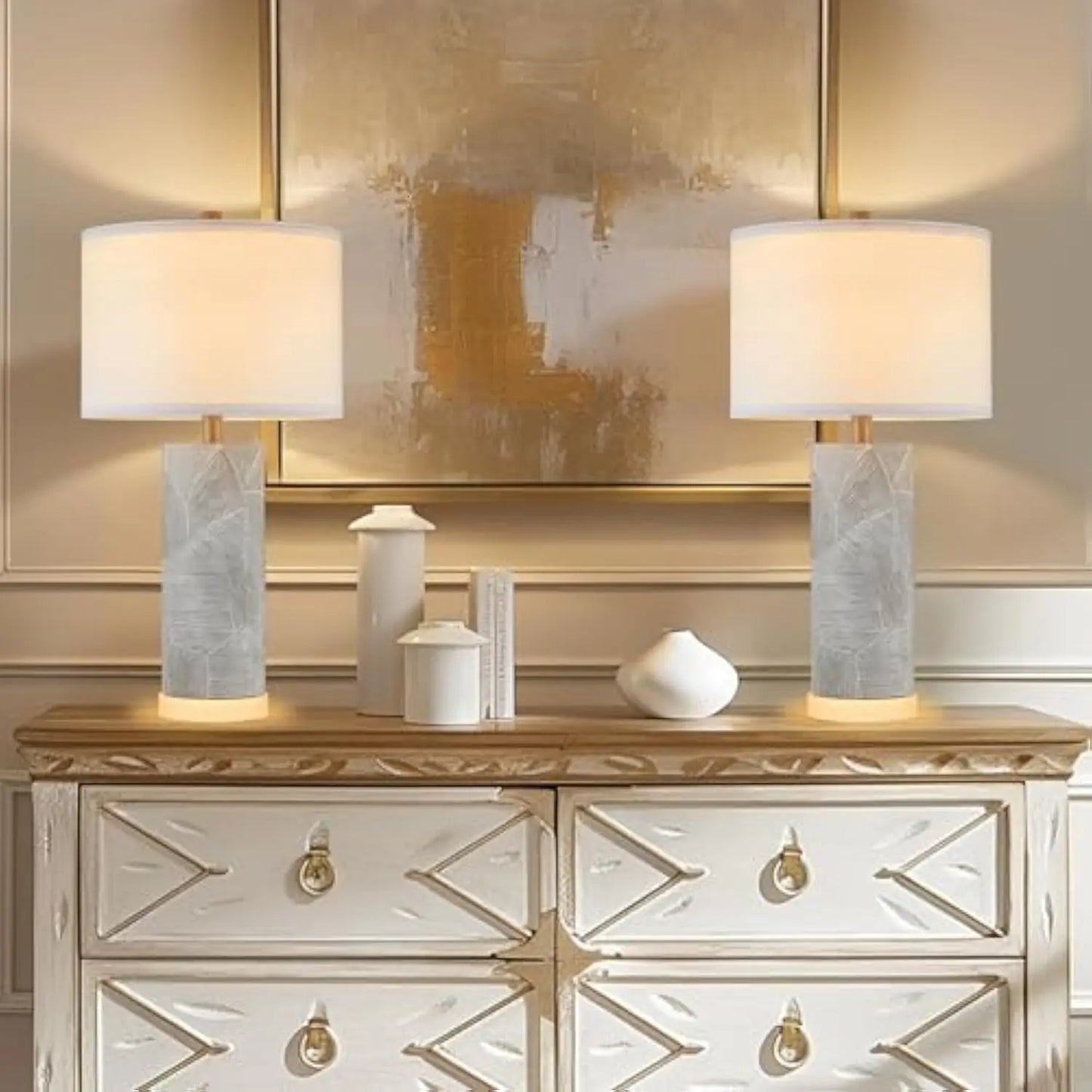 Set of 2 Distressed Gray Table Lamps with LED Base