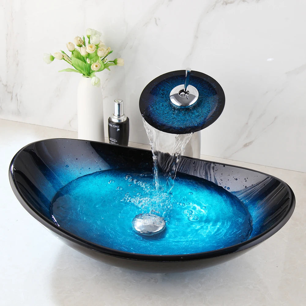 Tempered Vessel Sink with Waterfall Black Faucet
