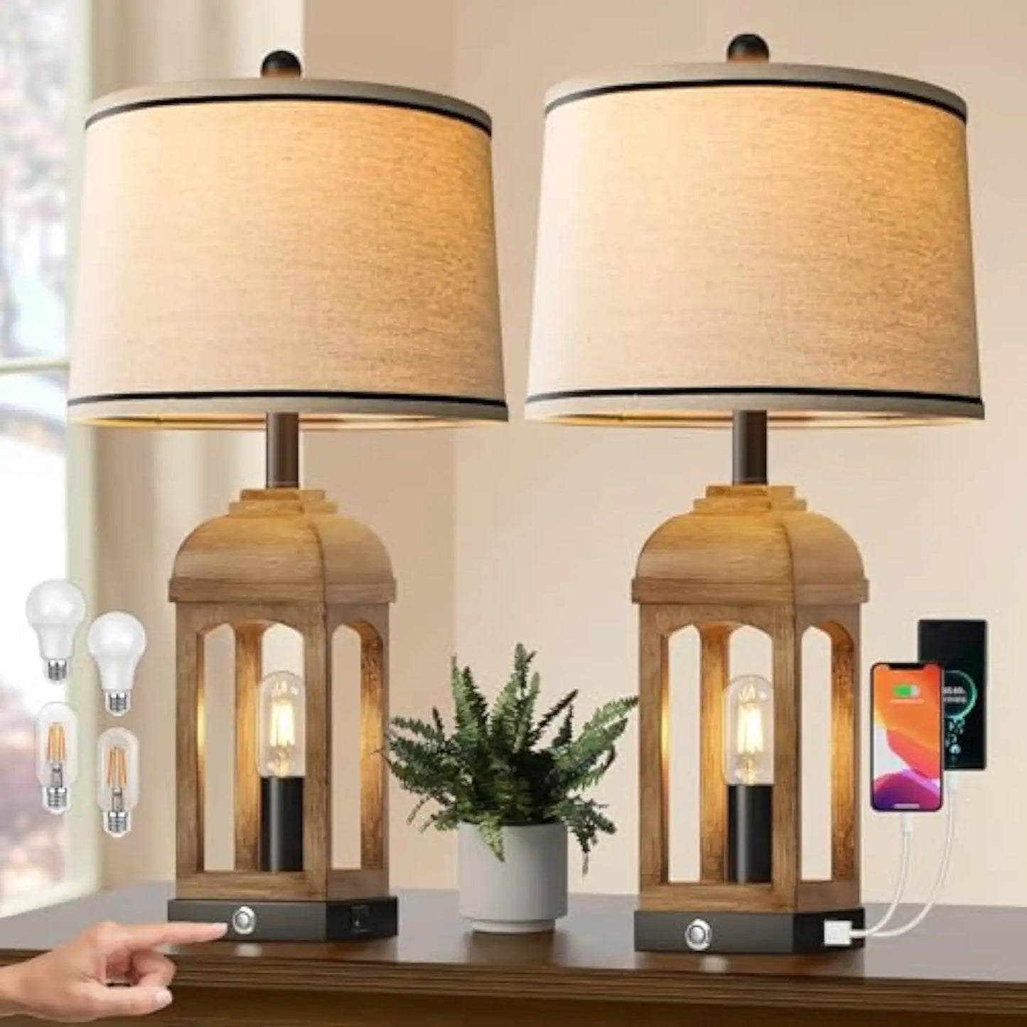 Table Lamp for Living Room Set of 2 with USB A+C and Nightlight