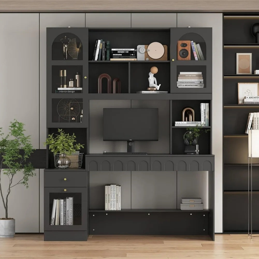 Home Office Desk with Shelves and Glass Doors