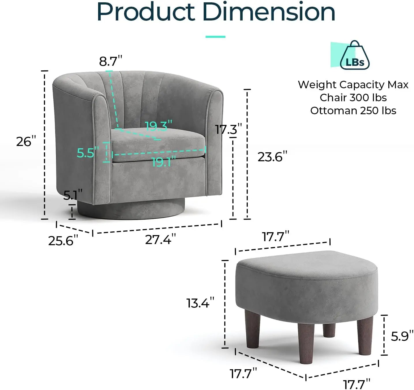 Velvet Small Barrel Chair with Ottoman