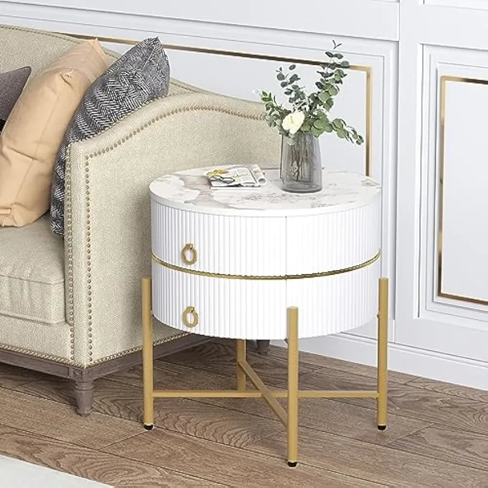Modern Side Table with Metal Legs, White & Gold