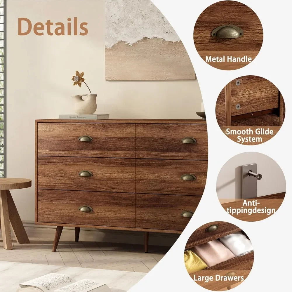 Wood 6 Drawer Dresser for Bedroom