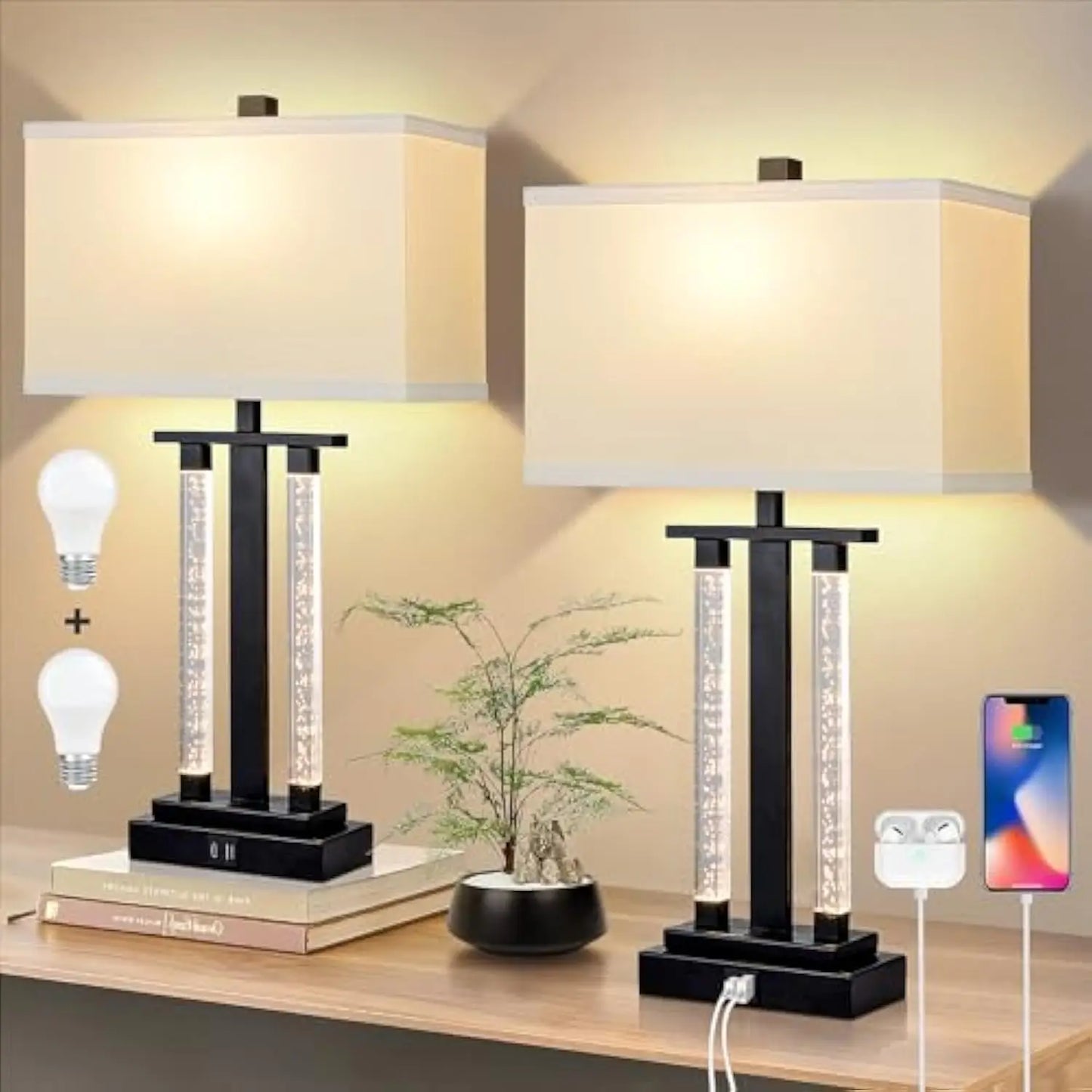 Modern Table Lamps Set of 2 With USB Charging Port