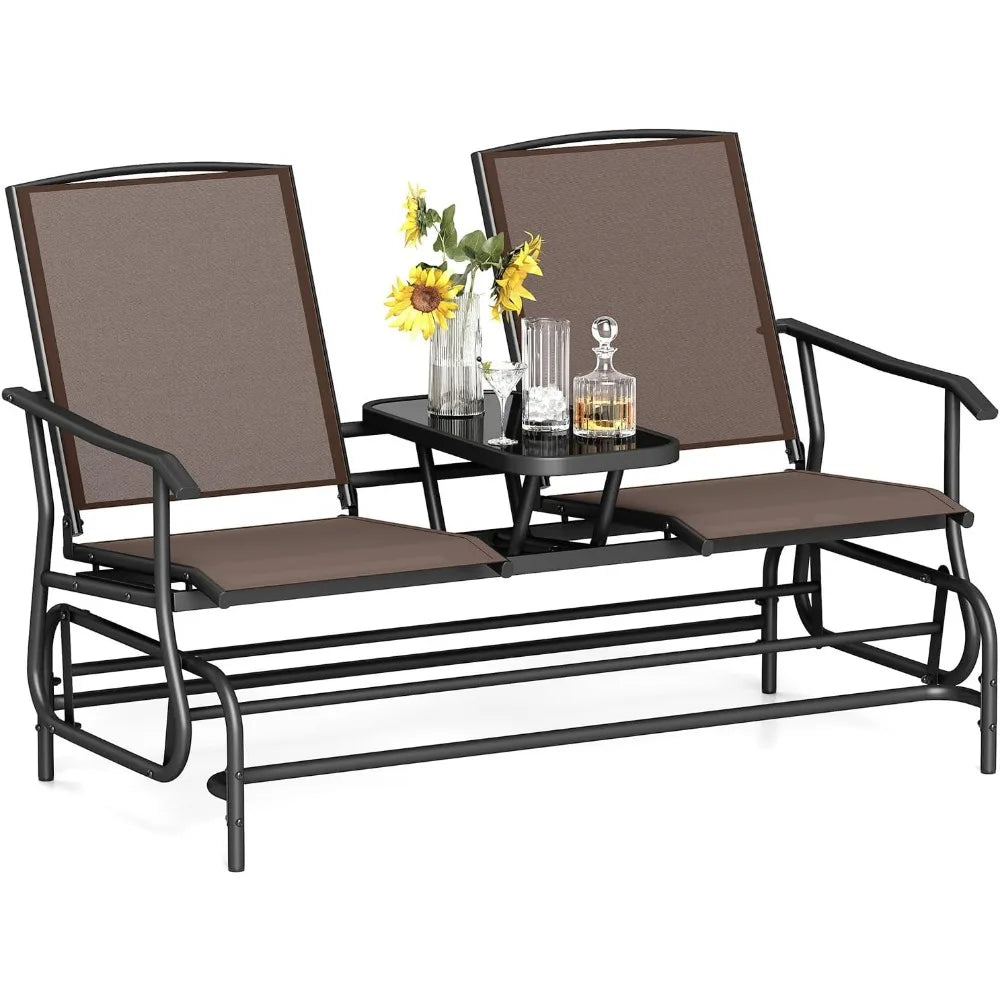 2 Person Swing Glider Loveseat w/Center Table