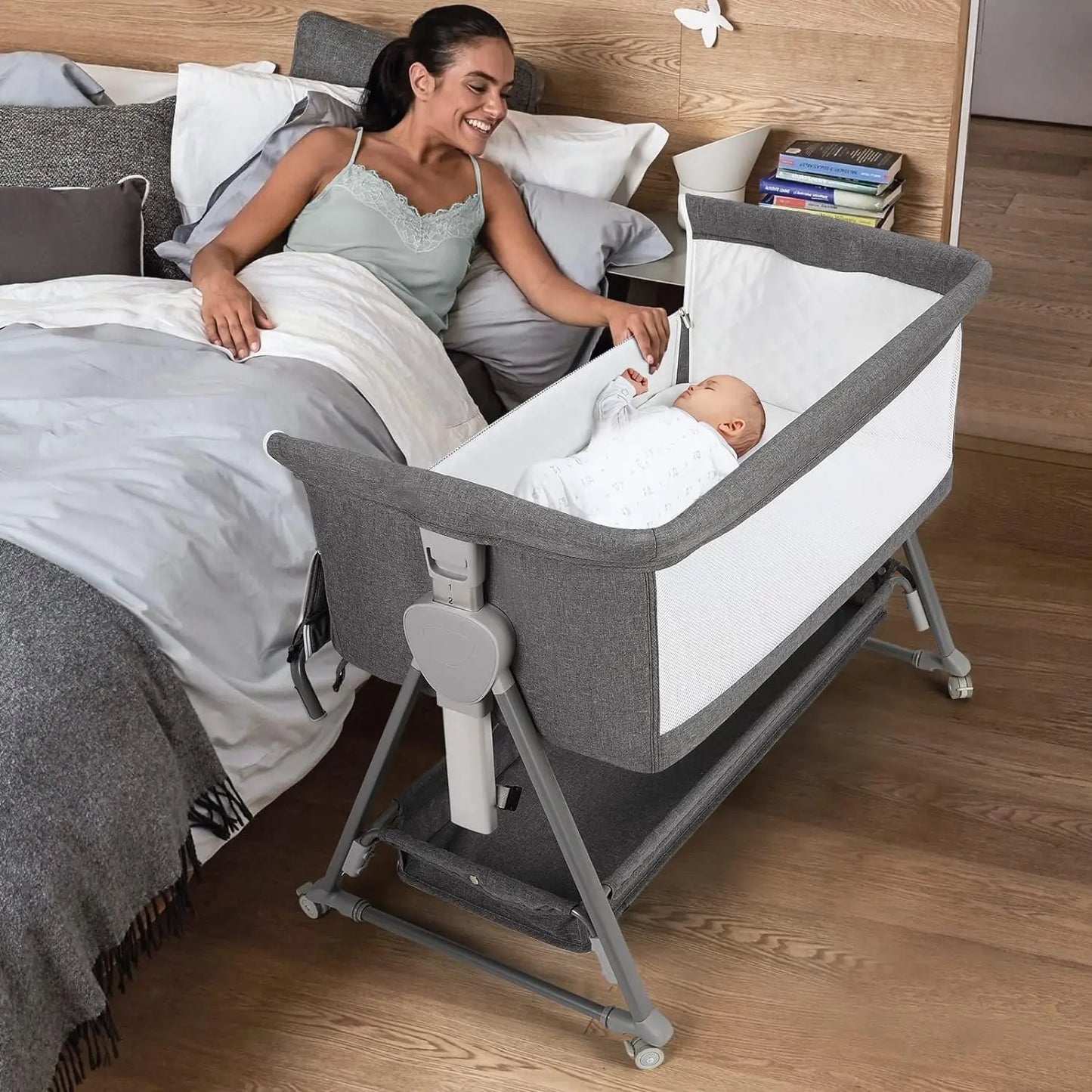 Beside Sleeper for Baby with Storage Basket and Wheels