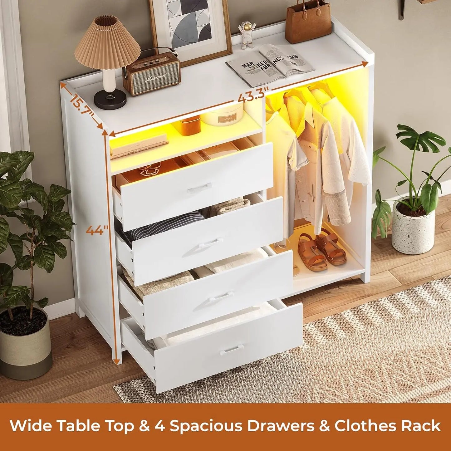 White Dresser for Bedroom with Clothing Rack