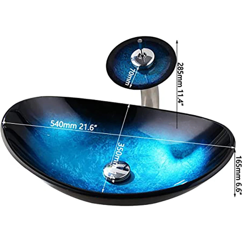 Tempered Vessel Sink with Waterfall Black Faucet