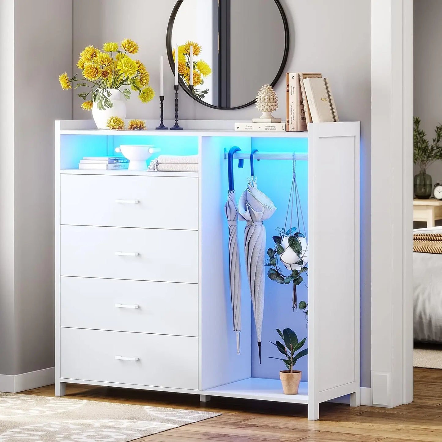 White Dresser for Bedroom with Clothing Rack
