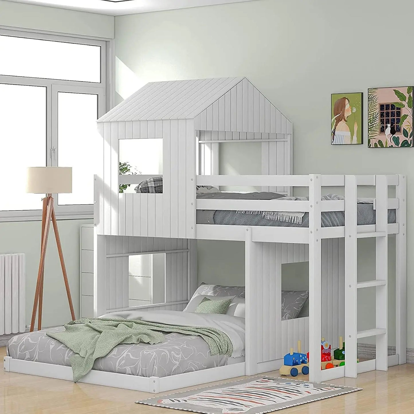 House Bunk Bed with Roof and Guardrails