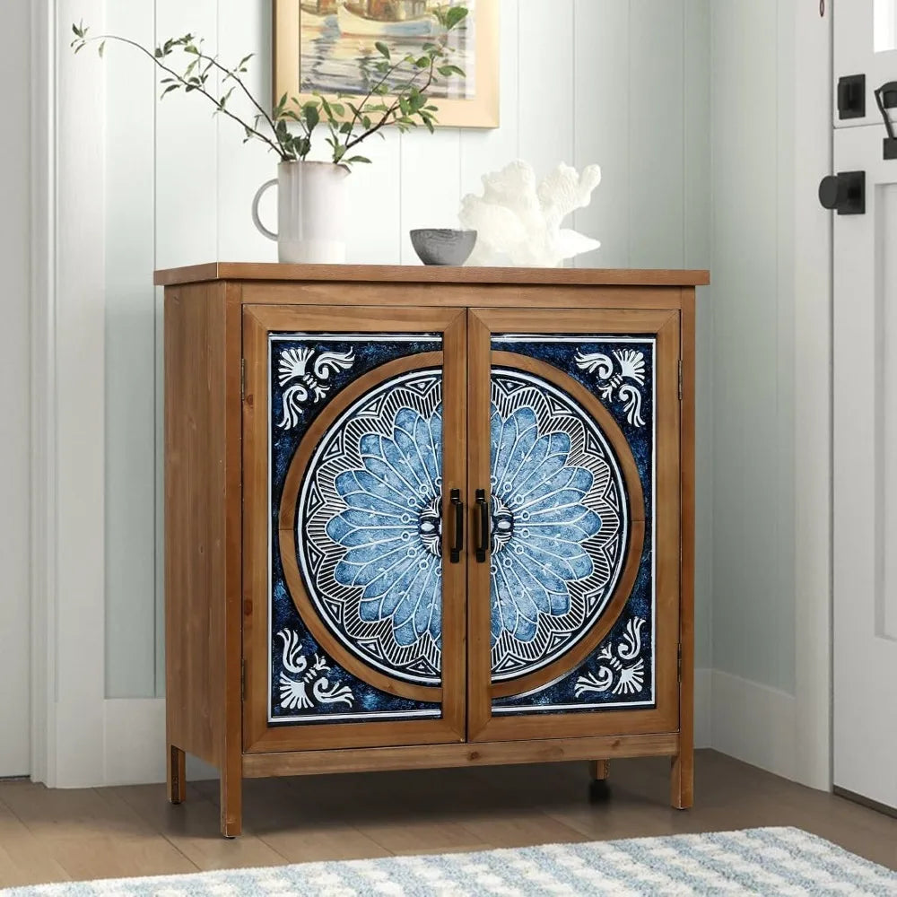 Distressed Storage Cabinet with Porcelain Pattern