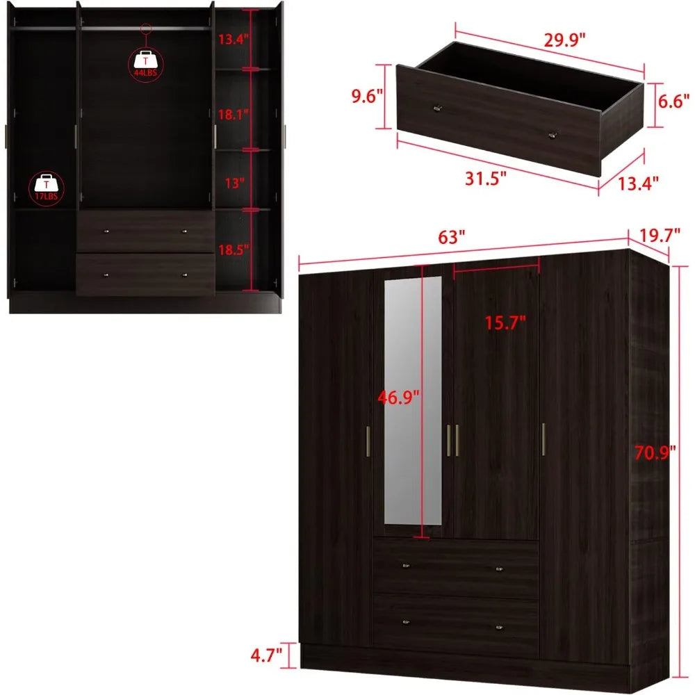 Large Freestanding Armoire Closet with 2 Drawers