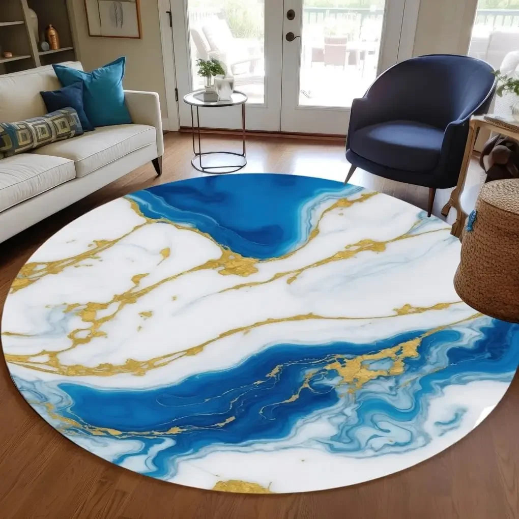Modern Abstract Black Gold Marble Round Area Rug