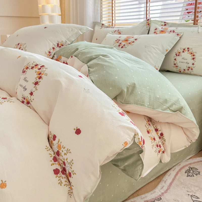 Floral Duvet Cover with Zipper and 2 Pillowcases