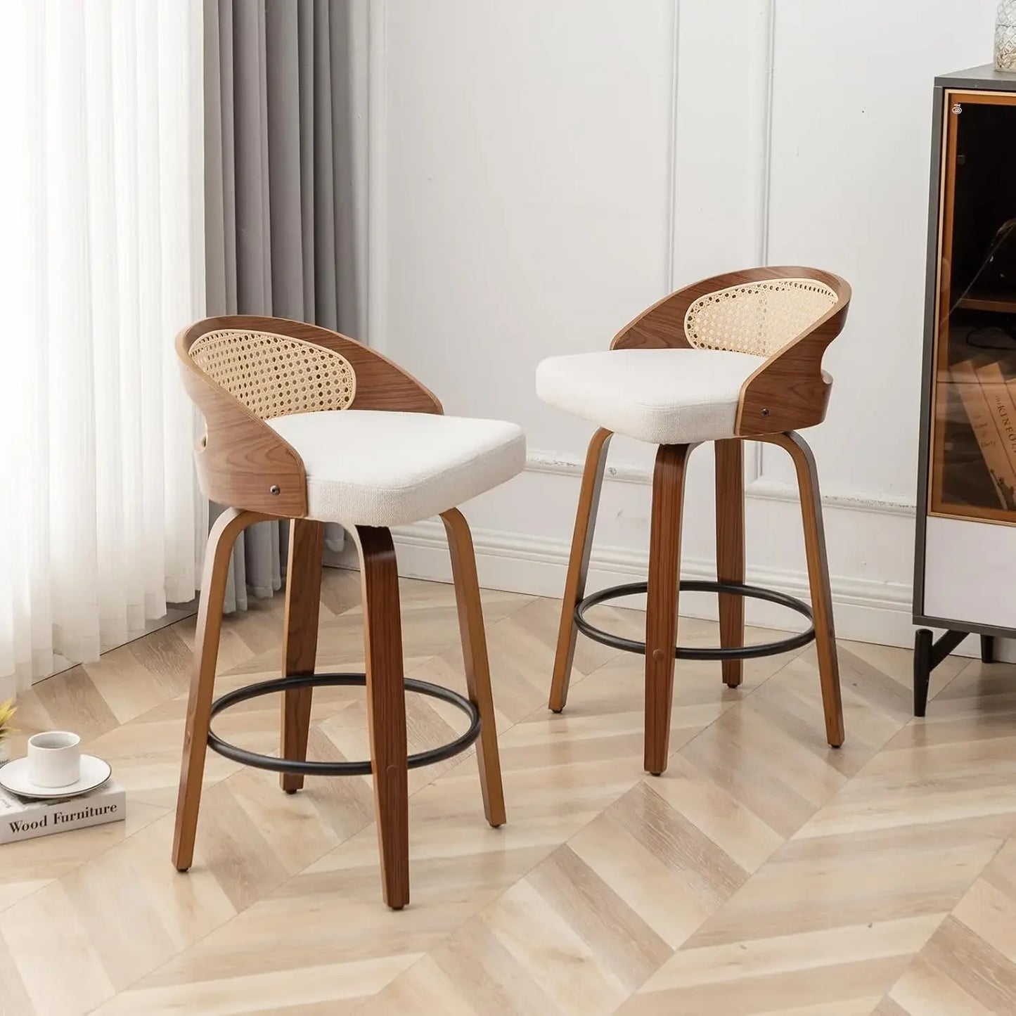 Mid-Century Swivel Rattan Bar Stools Set of 2