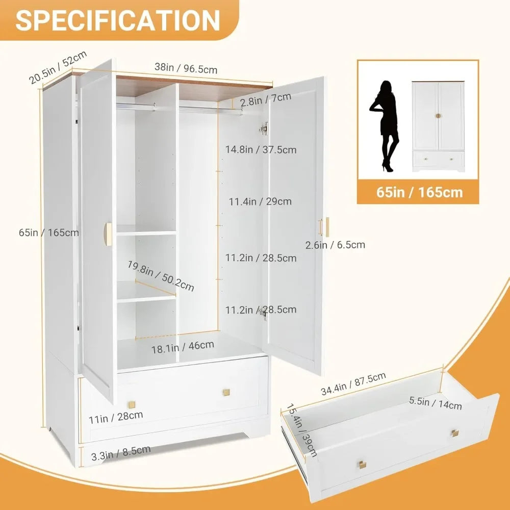 White Armoire Wardrobe with Hanging Rod