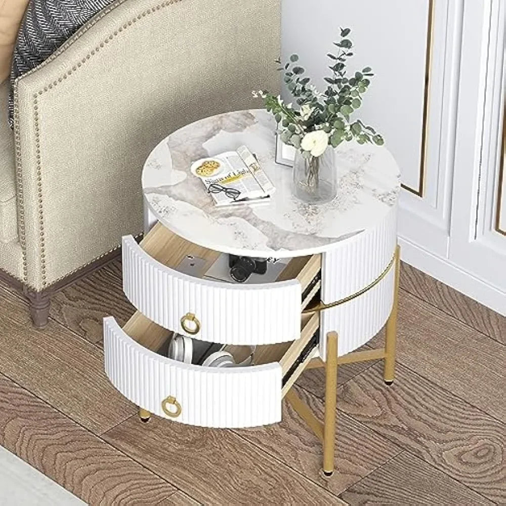 Modern Side Table with Metal Legs, White & Gold