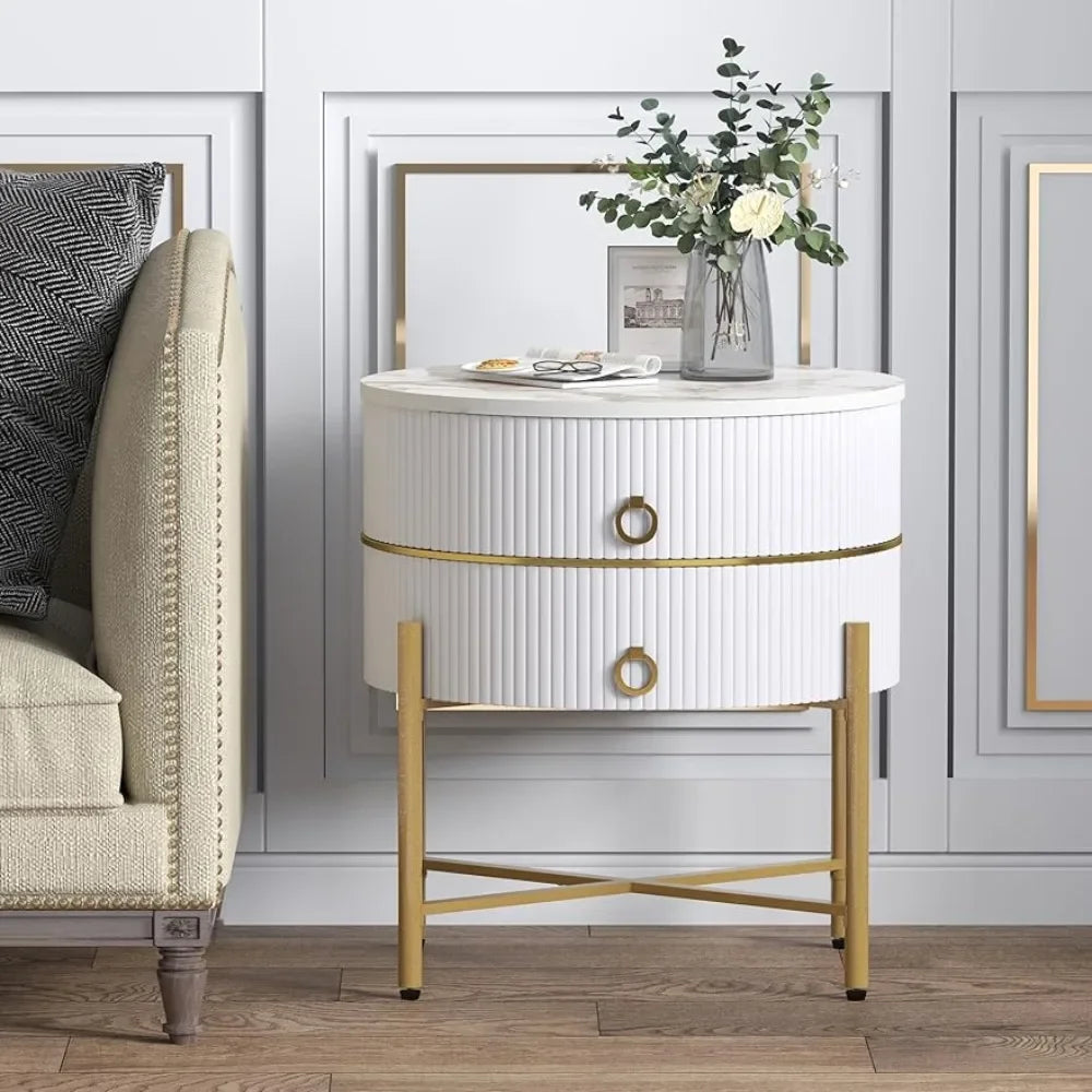 Modern Side Table with Metal Legs, White & Gold