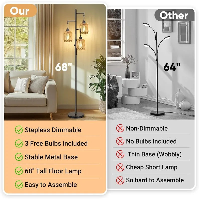 3 Light Farmhouse Rattan Floor Lamp