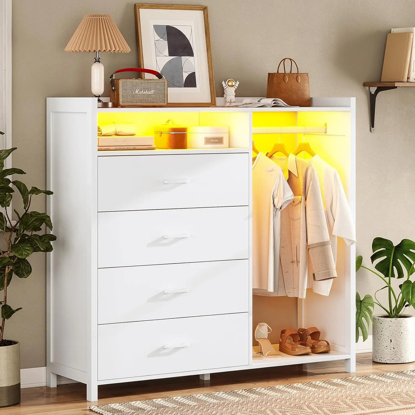 White Dresser for Bedroom with Clothing Rack