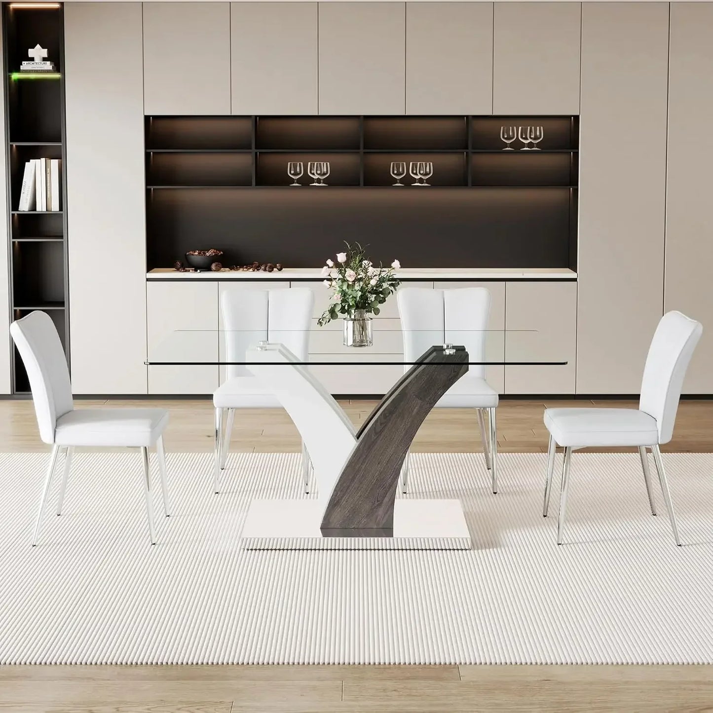 Glass dining table with 4 leather chairs