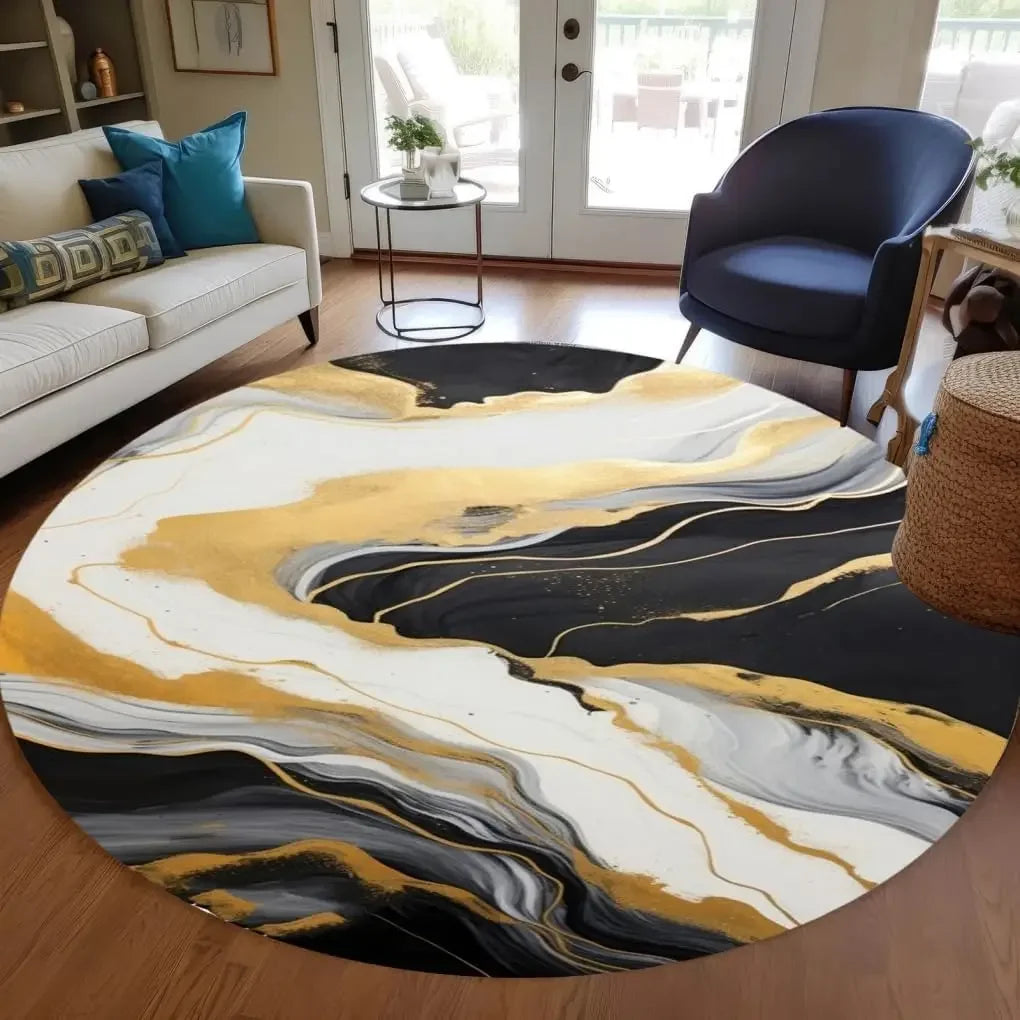Modern Abstract Black Gold Marble Round Area Rug