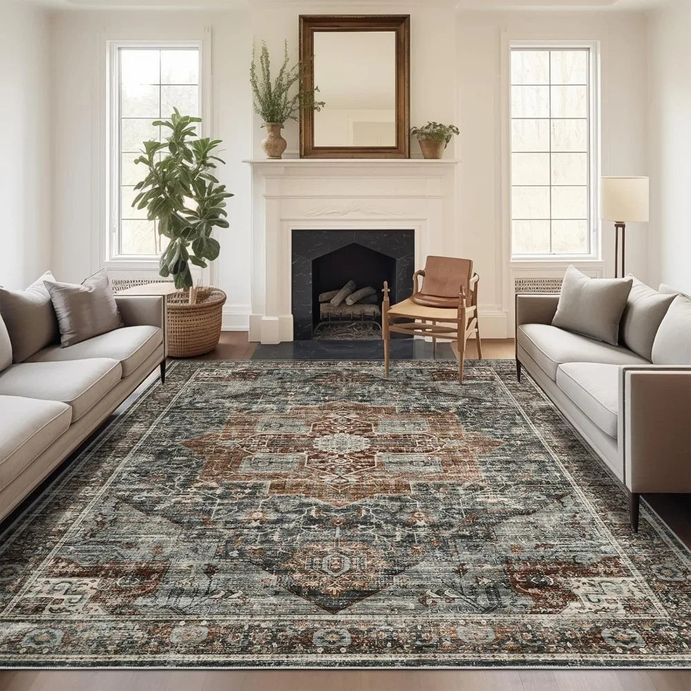 Vintage Washable Rug for Dining Room, Bedroom (Grey/Brown/Tan)