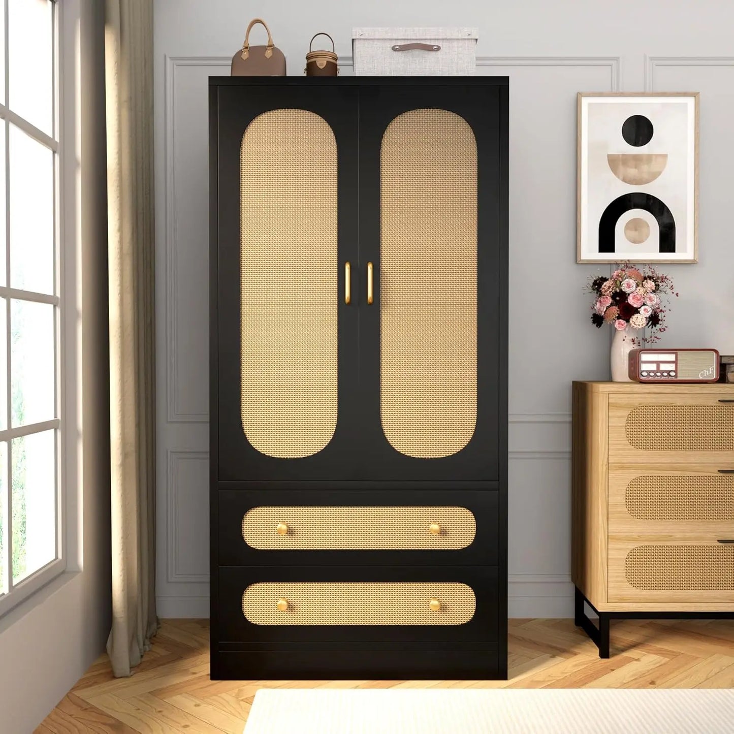 Rattan Wardrobe Cabinet with 4 Storage Drawers