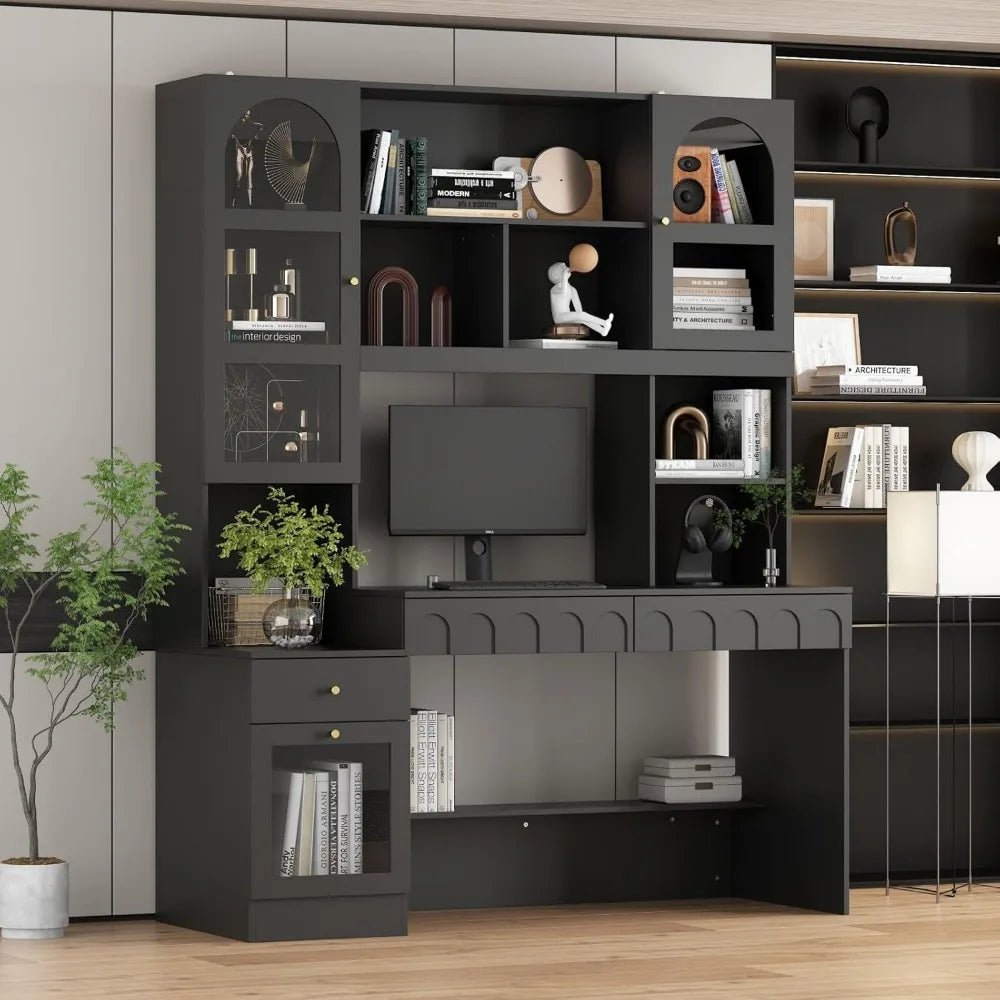 Home Office Desk with Shelves and Glass Doors
