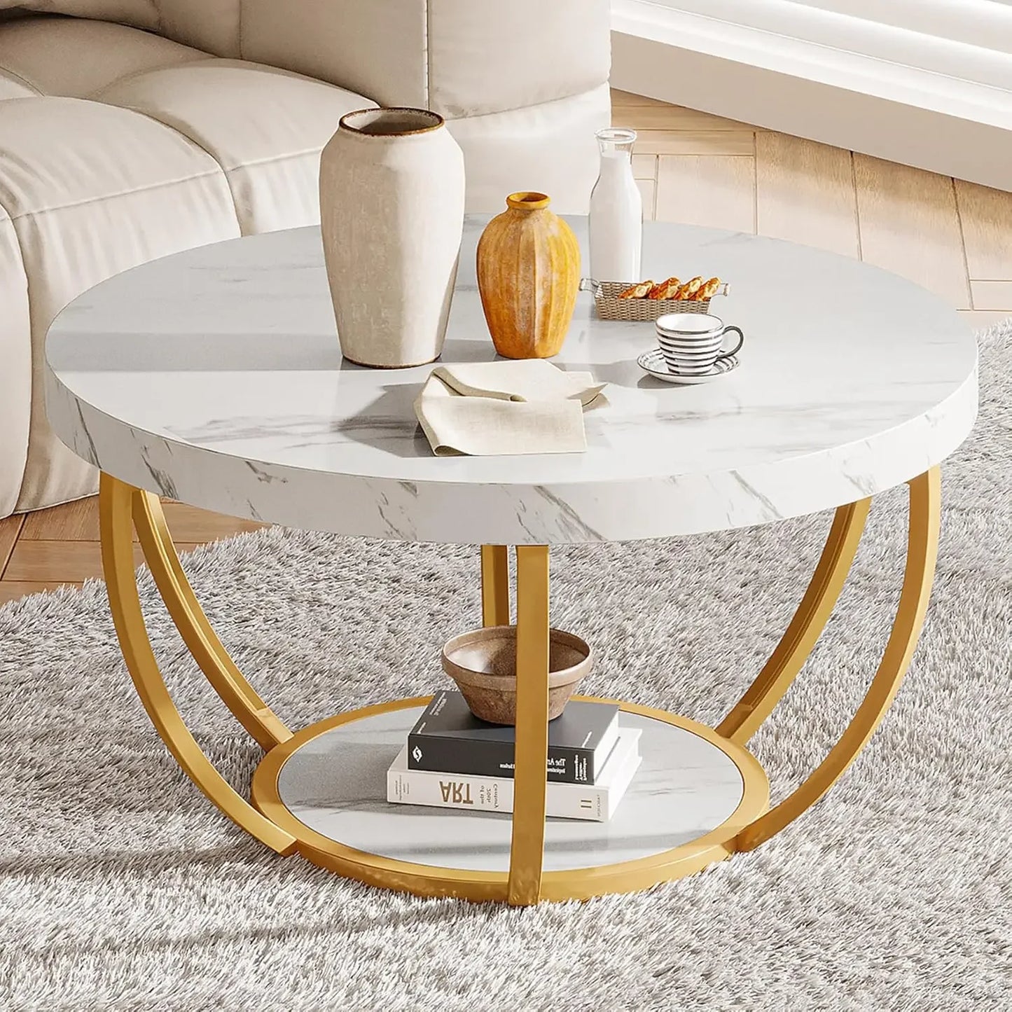2 Tier Modern Coffee Table with Golden Metal Legs