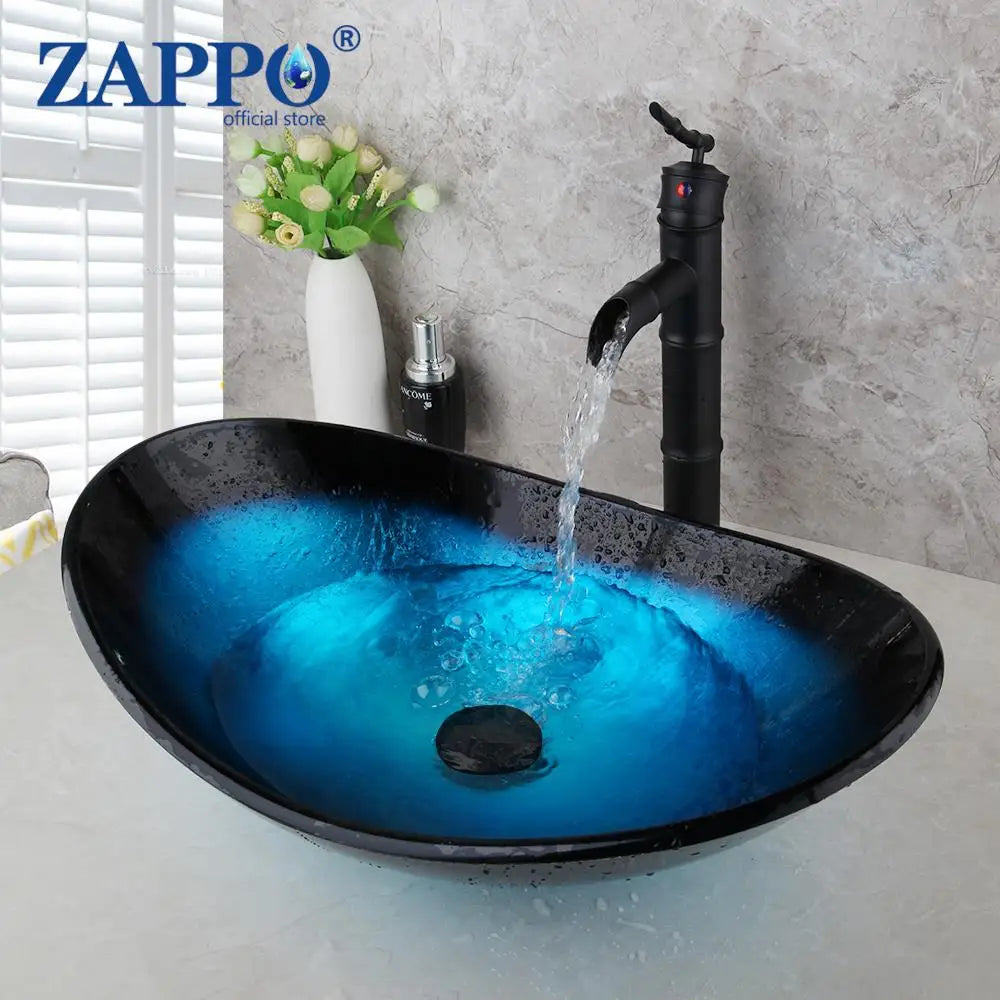 Tempered Vessel Sink with Waterfall Black Faucet