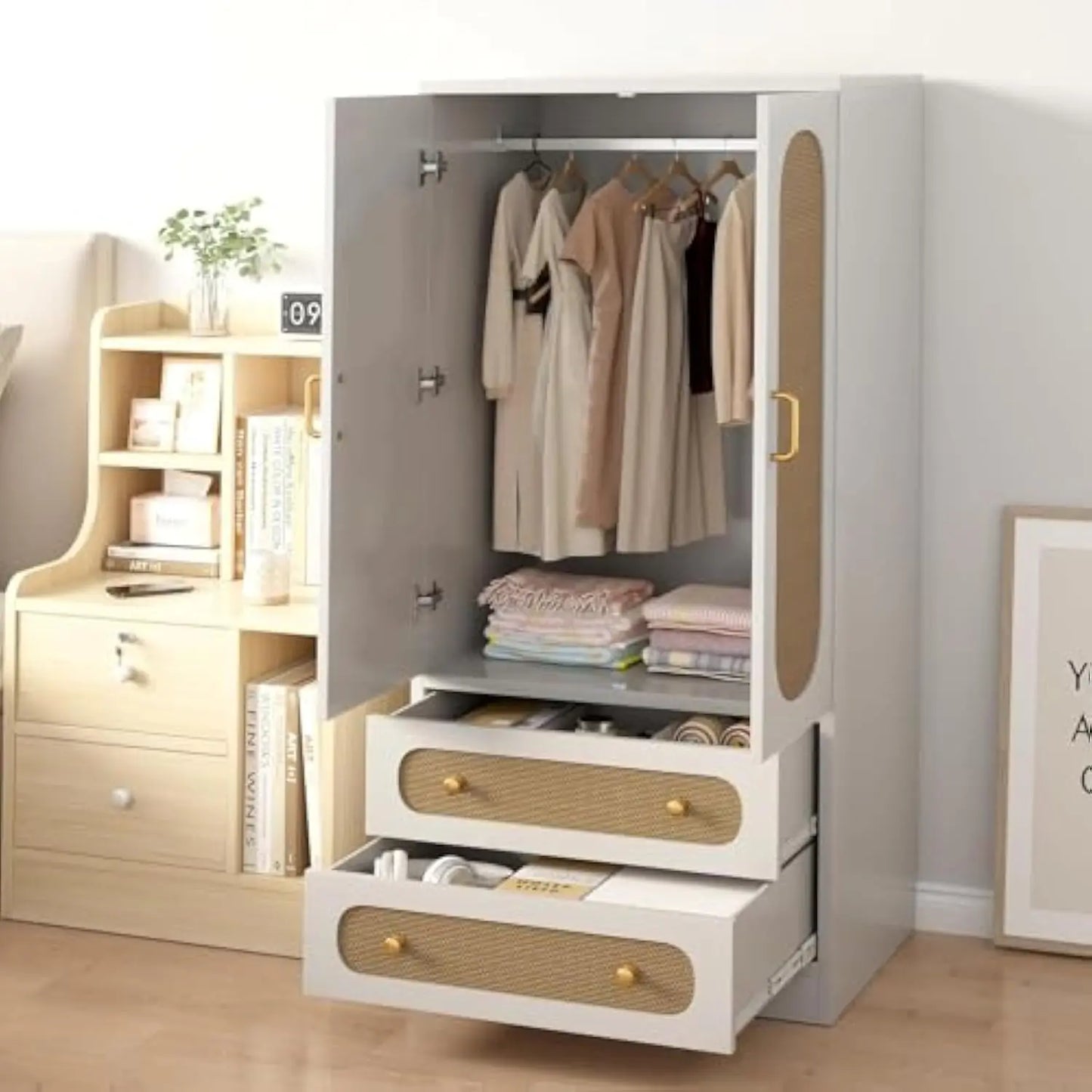 Rattan Wardrobe Cabinet with 4 Storage Drawers