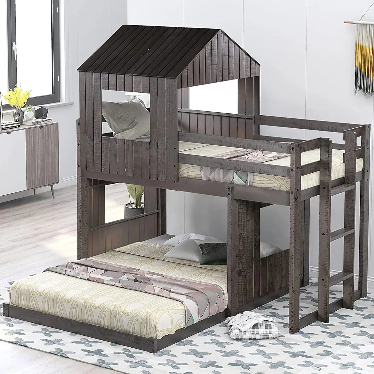 House Bunk Bed with Roof and Guardrails