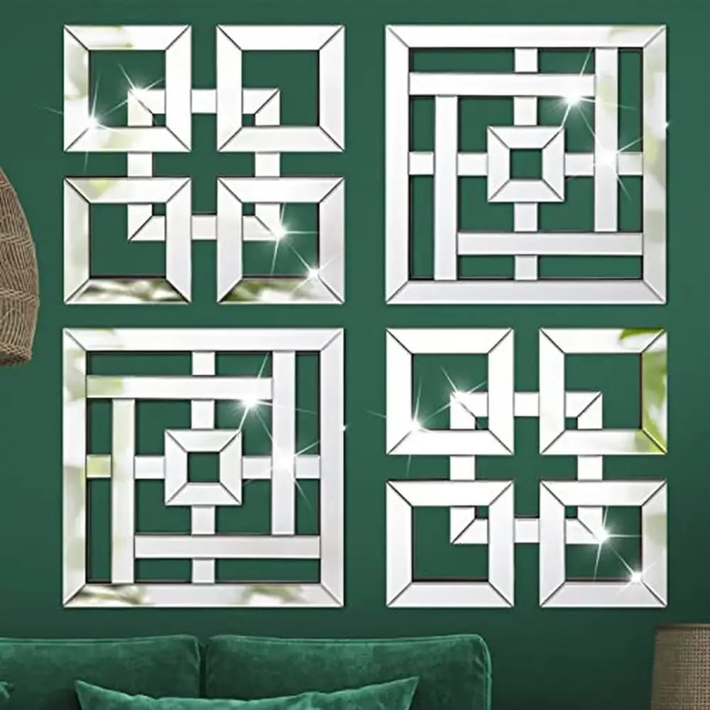 4 Pcs Square Silver Mirror Wall Set