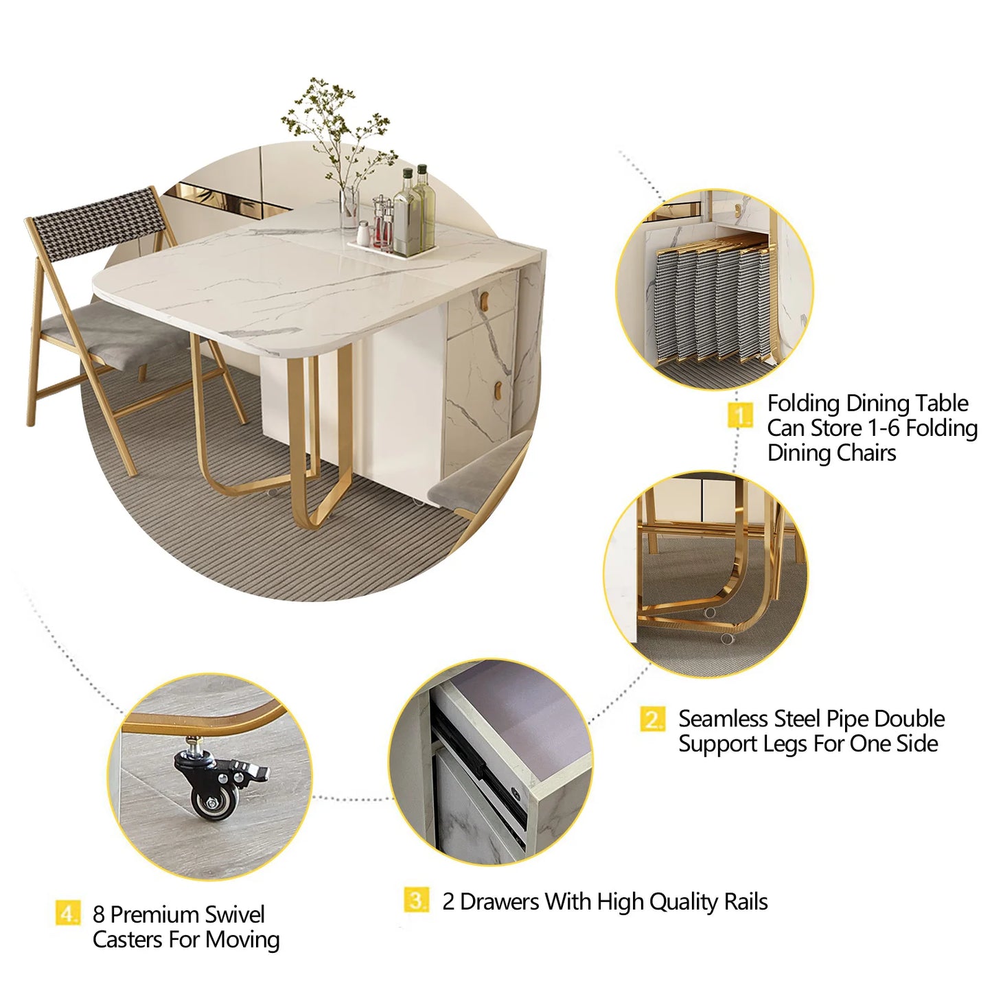 Movable Folding Dining Table with Storage Rack