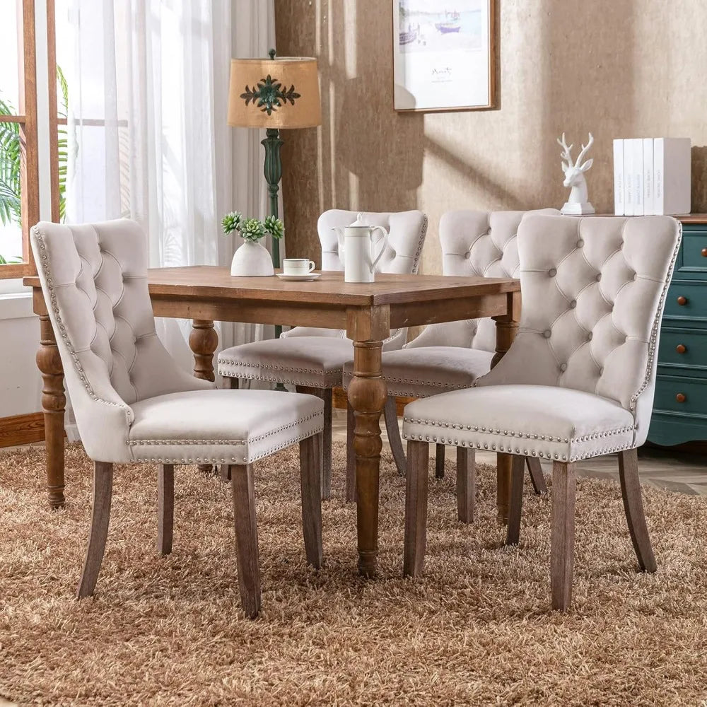 Beige Velvet Upholstered Dining Chairs