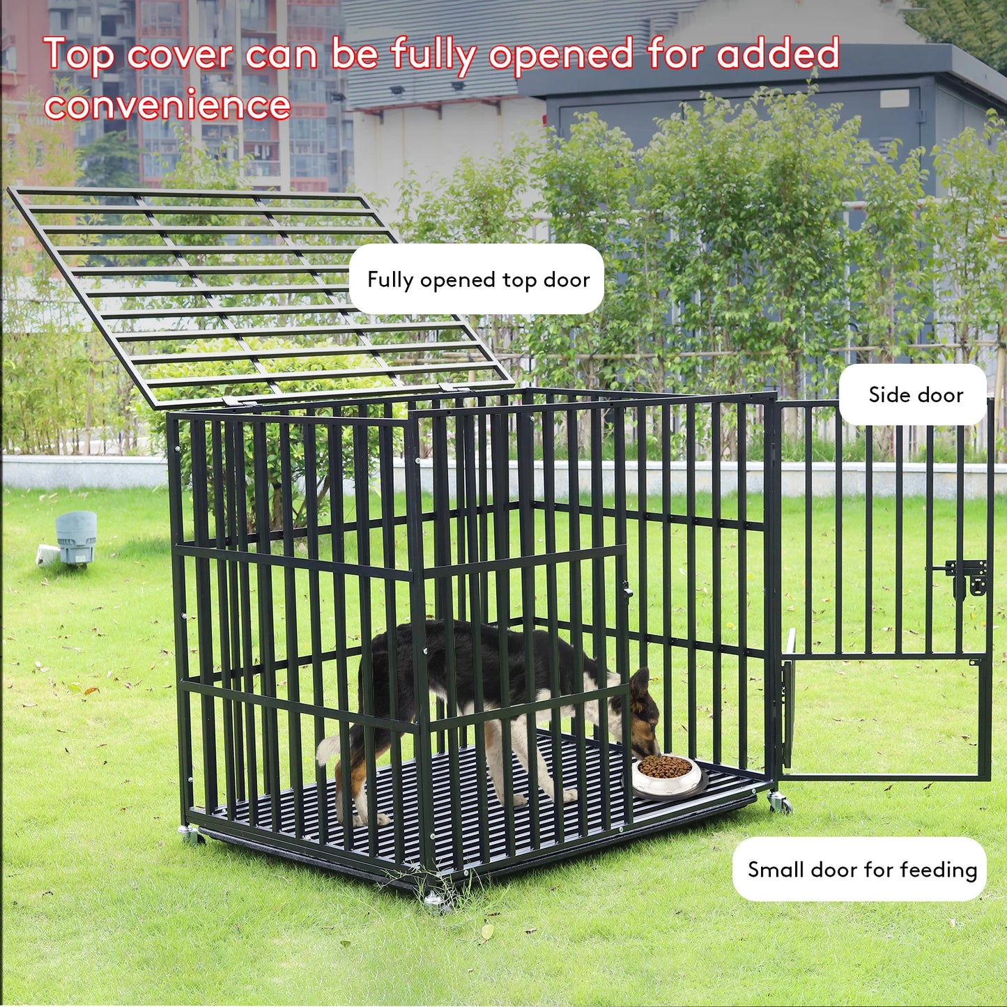 Heavy Duty Dog Crate with 4 Lockable Wheels 3 Doors and Removable Tray