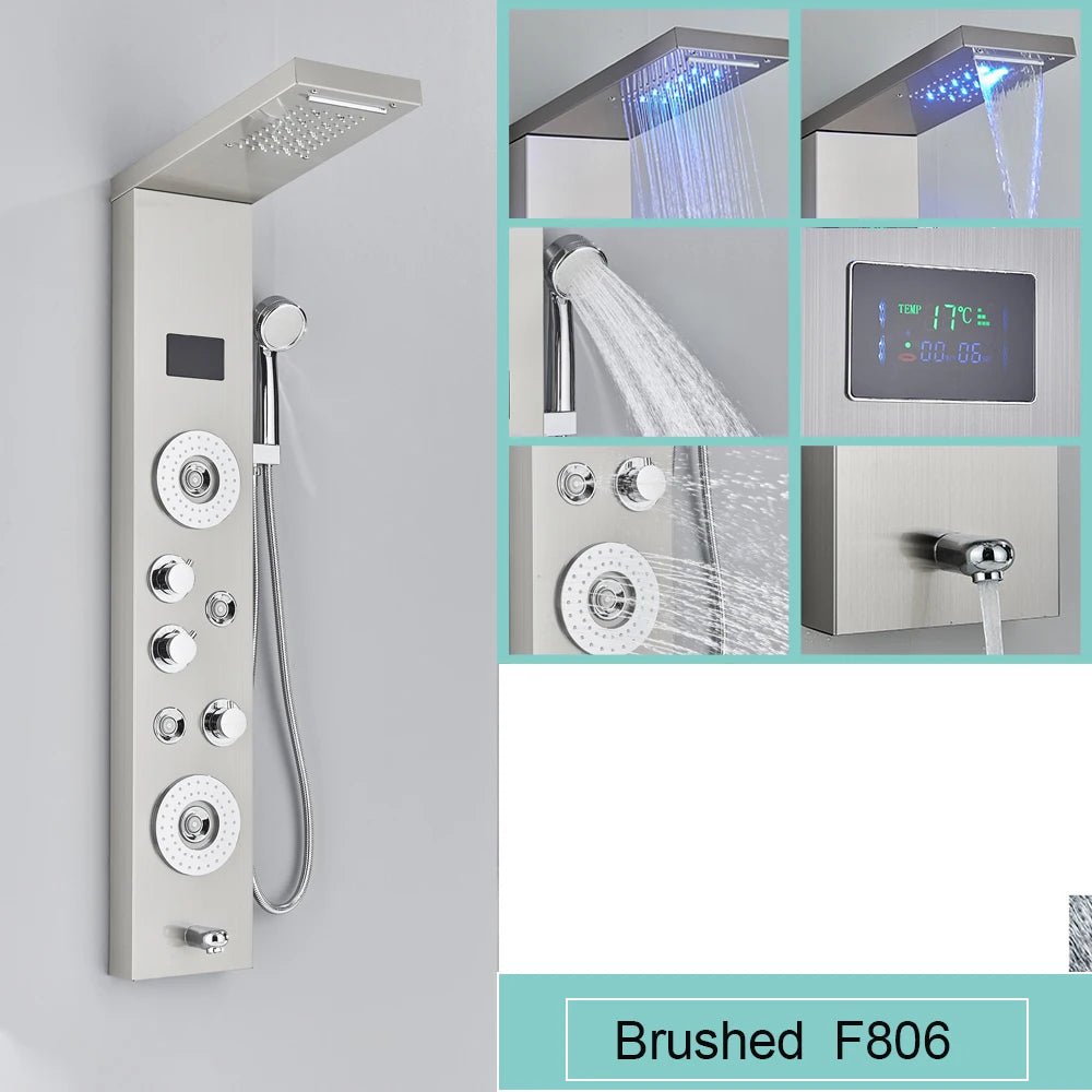 Black LED Light Shower Panel Waterfall Rain Shower