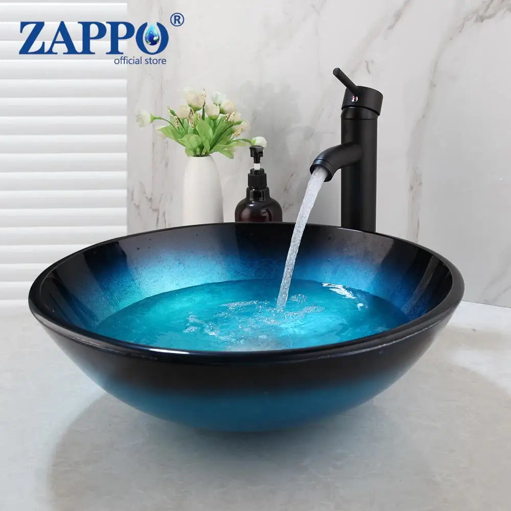 Tempered Vessel Sink with Waterfall Black Faucet