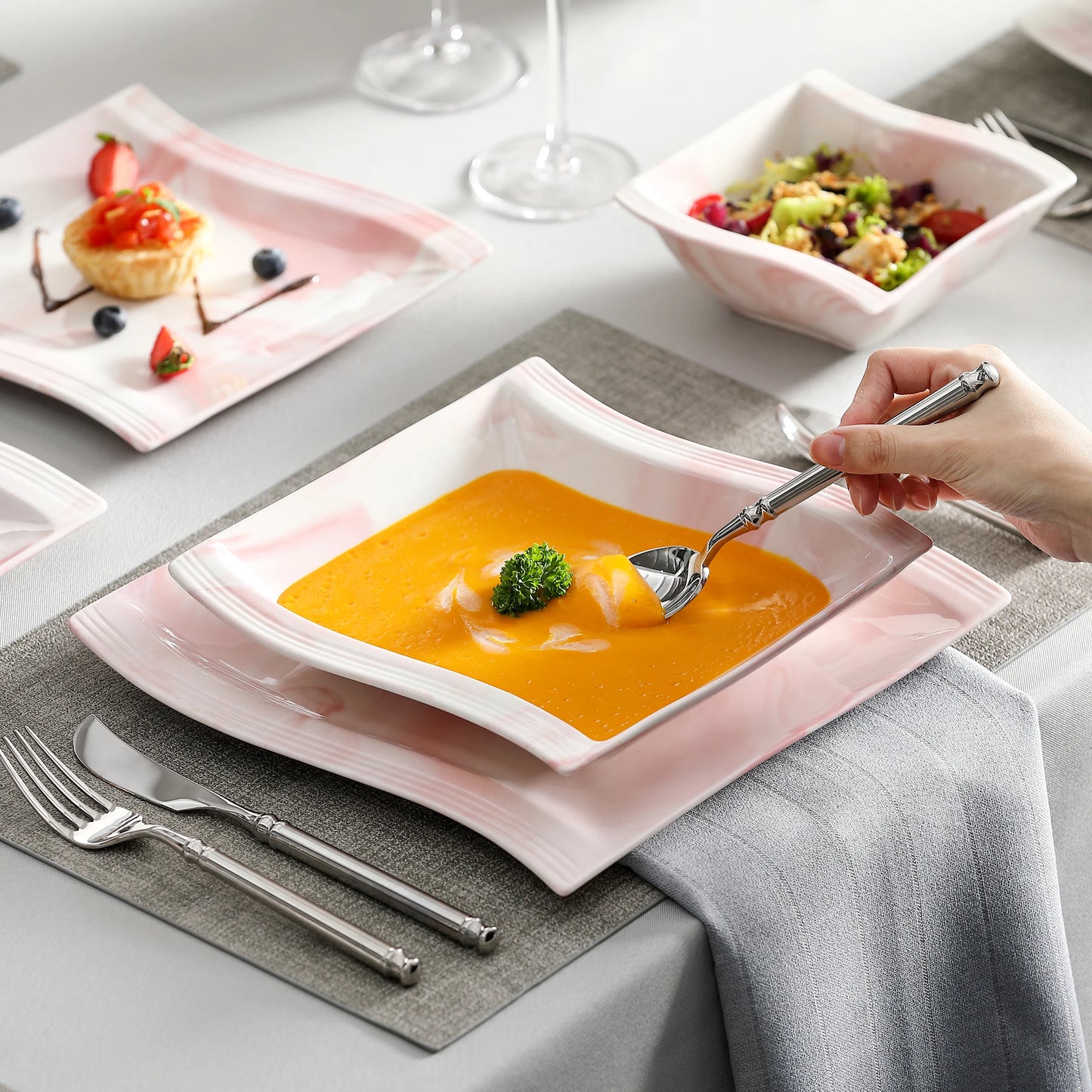 European Marble Pink Porcelain Tableware Set for 6