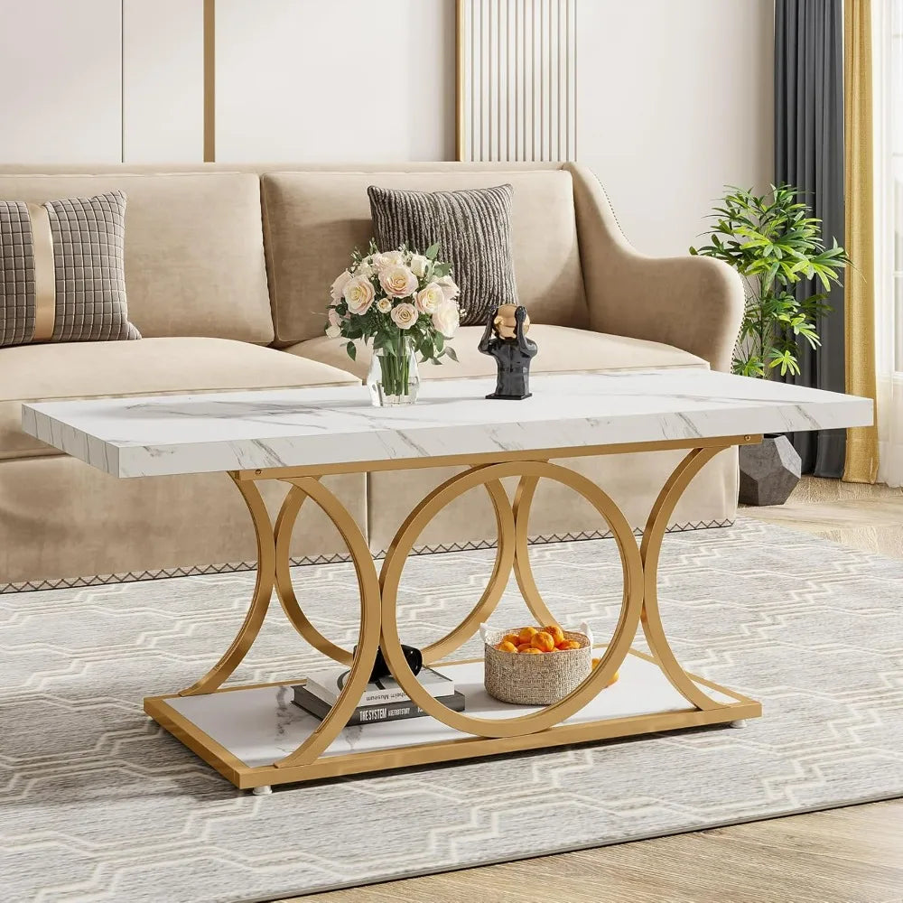 Marble Wood Coffee Table with Geometric Legs