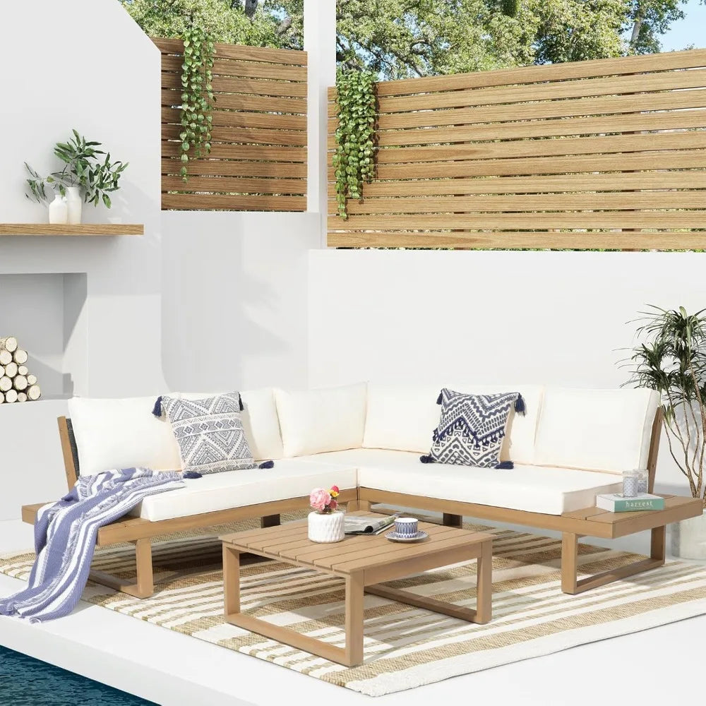 Acacia Wood L-Shaped Sectional Sofa Set