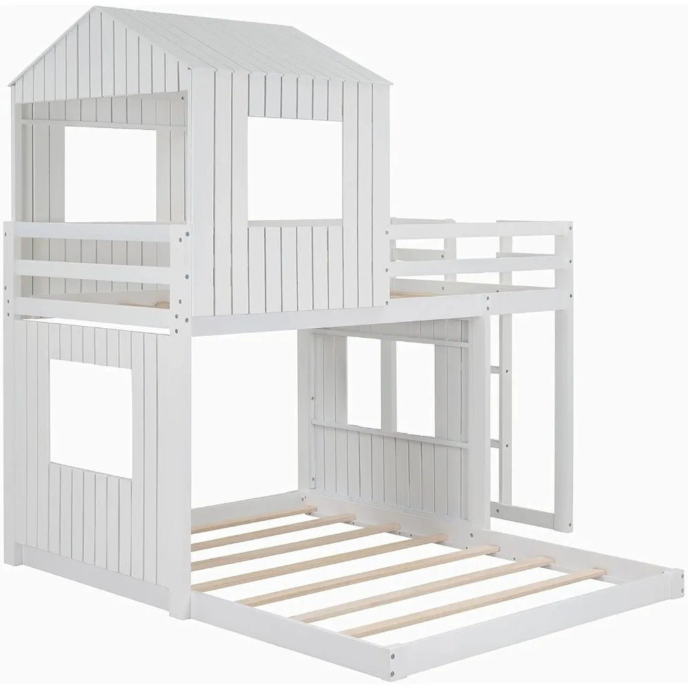 House Bunk Bed with Roof and Guardrails