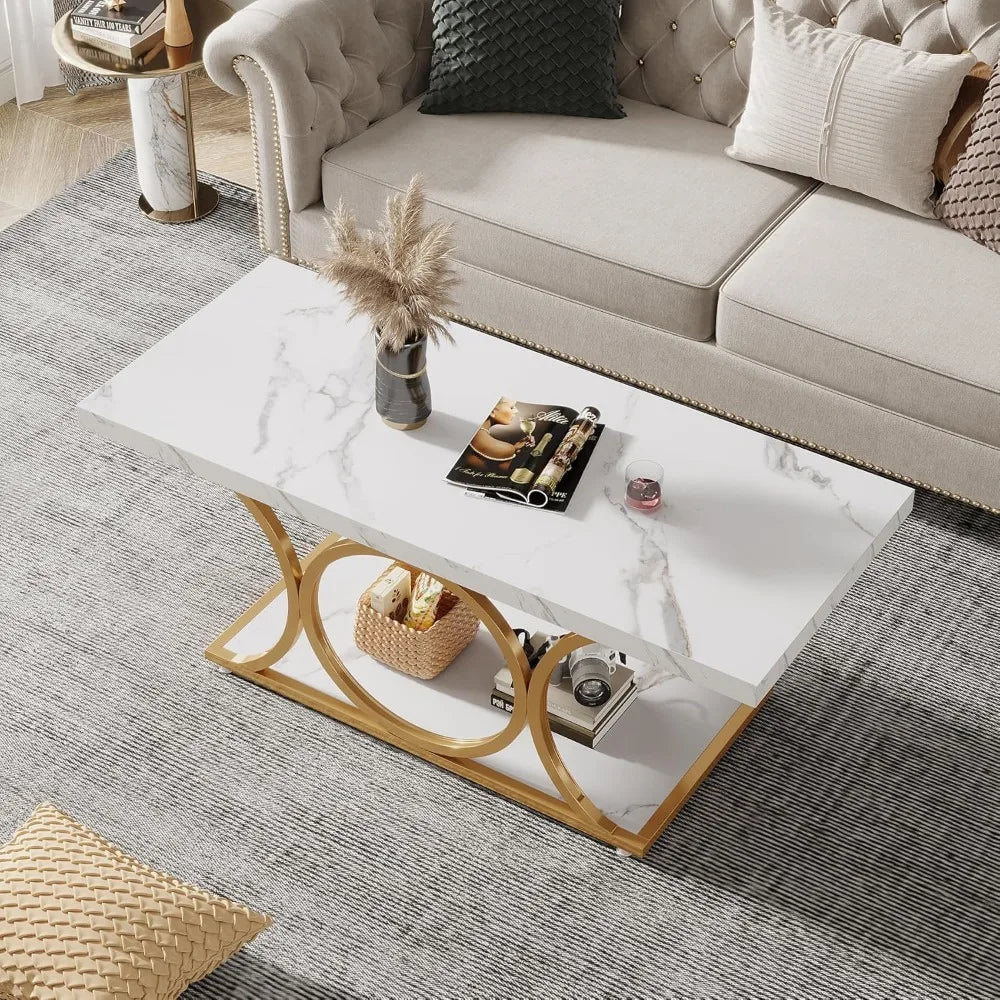 Marble Wood Coffee Table with Geometric Legs