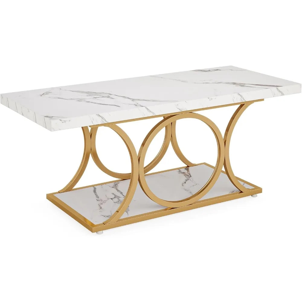 Marble Wood Coffee Table with Geometric Legs