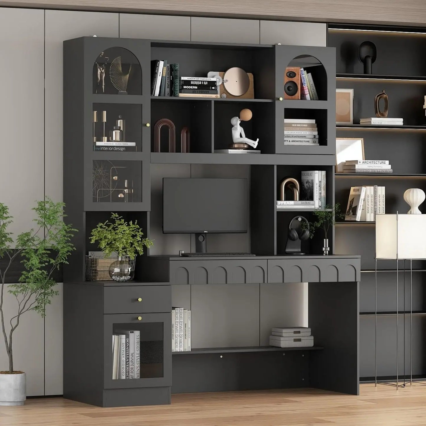 Home Office Desk with Shelves and Glass Doors