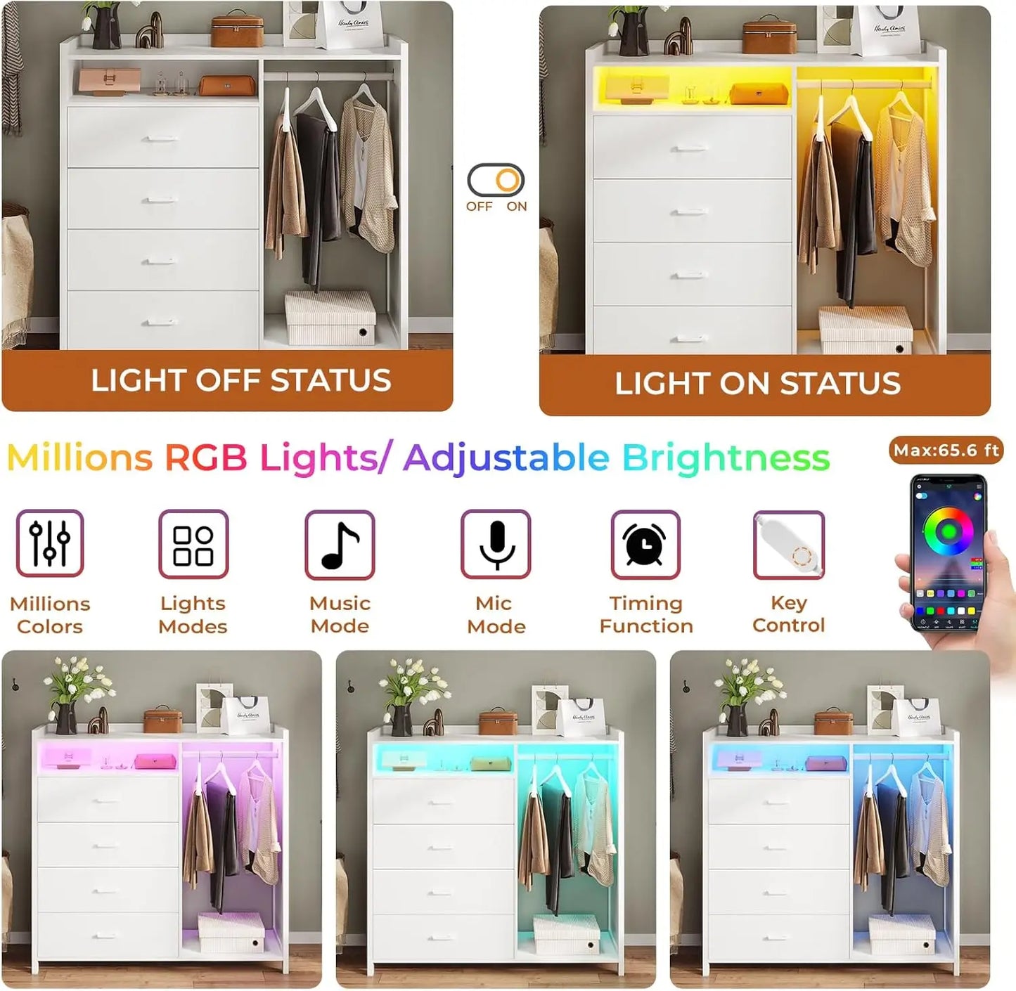 White Dresser for Bedroom with Clothing Rack