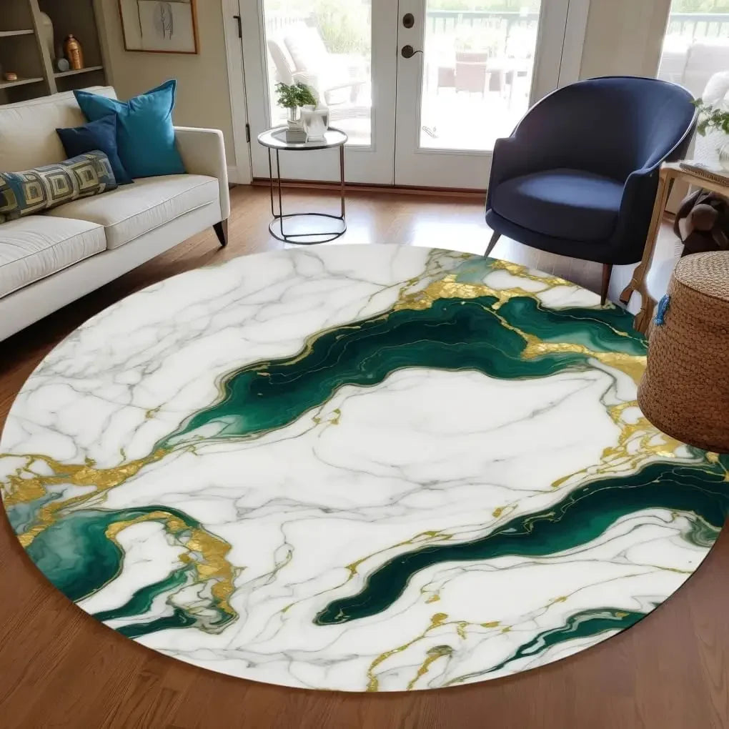 Modern Abstract Black Gold Marble Round Area Rug